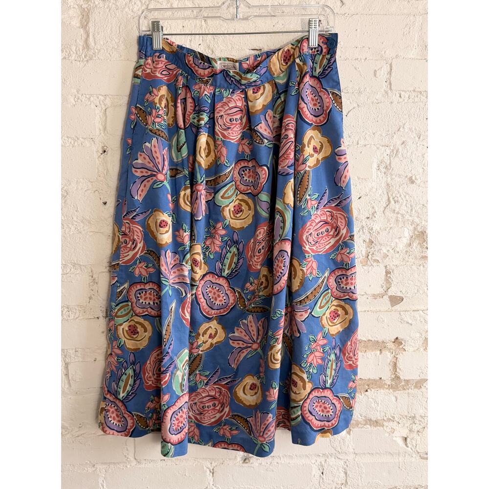 Vintage Townhouse Floral Rayon Midi Skirt Women’s Sz 32 Blue Elastic Waist Japan